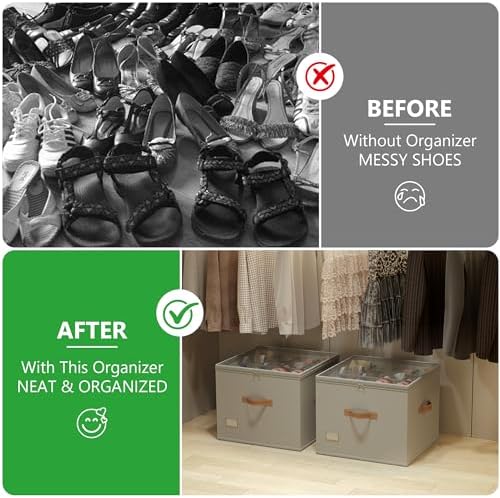 Shoe Organizer for Closet, 2 Pack Foldable Shoe Storage Bins with Clear Cover & Handles, 16-Compartment Shoe Box for Sneakers, Heels, Boots, Space-Saving Shoe Rack for Entryway, Dorm, RV