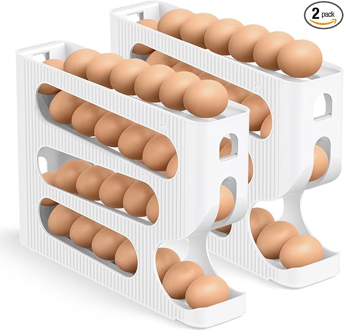 Sotfamily Egg Holder for Fridge, Automatic Rolling Egg Dispenser for Refrigerator, Countertop, Kitchen - Space-saving Egg Roller/Organizer/Storage/Container/Tray - 2 Packs for 56 Large Size Eggs