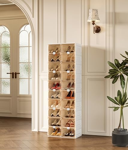 Shoe Organizer Storage Box, Portable Folding Shoe Rack For Closet With Magnetic Clear Door,Large Sneaker Cabinet Bins Sturdy Easy Assembly 10 Layers-20 Grids