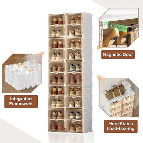 Shoe Organizer Storage Box, Portable Folding Shoe Rack For Closet With Magnetic Clear Door,Large Sneaker Cabinet Bins Sturdy Easy Assembly 10 Layers-20 Grids