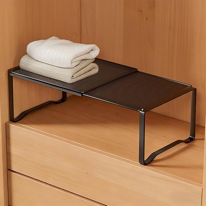 Extendable Dense Mesh Metal Shelf - 15-24.4in Adjustable Stackable Organizer for Kitchen, Bathroom, Shoe Cabinet & Tool Closet, Dust-Proof Small Item Friendly Storage Rack (1 Piece, Black)