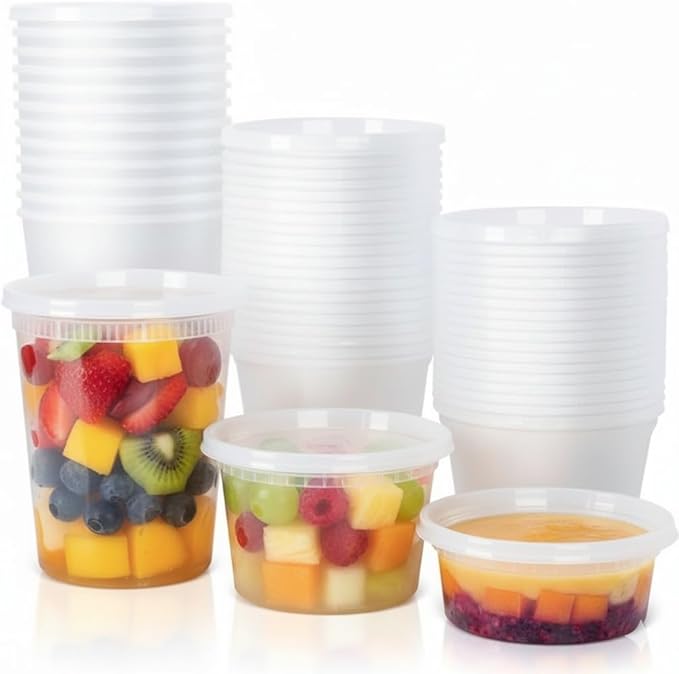 Stack Man [60-Sets] Plastic Deli Food Storage Containers with Airtight Lids Combo Set | 32 oz | 16 oz | 8 oz. | Disposable Plastic Takeout Containers for Soup - Freezer, Microwave and Dishwasher Safe