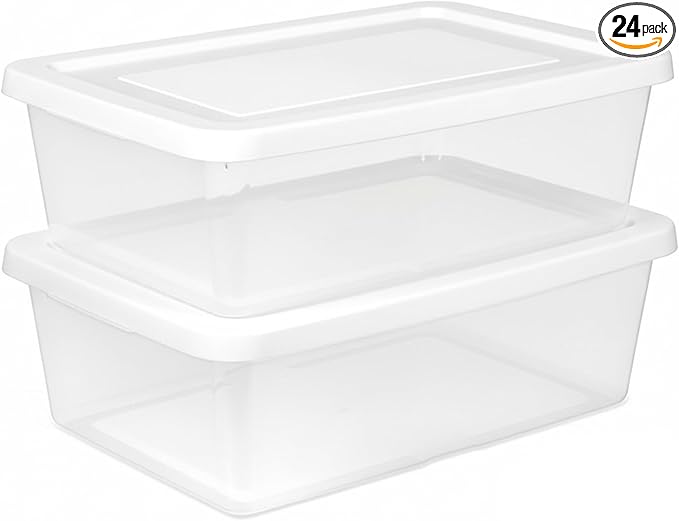 Sterilite 24 Pack Storage Box, 12 Quart Stackable Tote, Clear Plastic Container with Secure Snapping Lids for Home and Office Organization, White