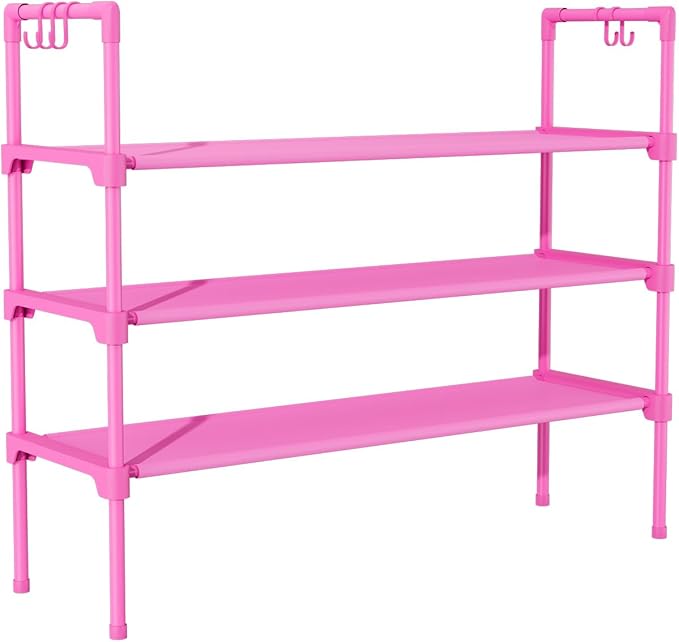 3 Tier Shoe Rack for Closet, Shoe Organizer with 5 Hooks, Pink
