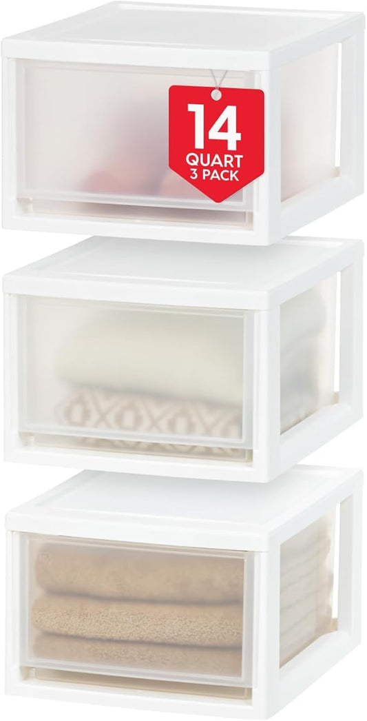USA 14.5 Qt. Plastic Drawer Storage Organizer Stacking Drawers, 3-Pack, White