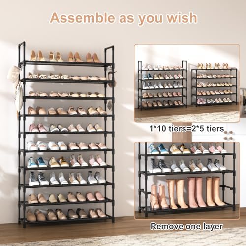 10 Tier Shoe Rack Tall Large Capacity Wide Shoe Organizer with Two Hooks Sturdy Metal Shoe Shelf for Entryway, Closet, Bedroom