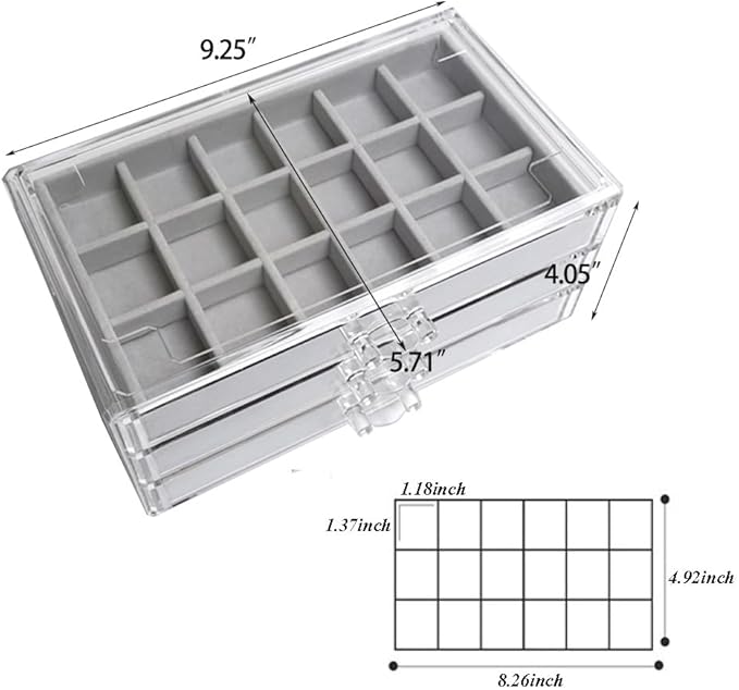 YUFONG Earring Organizer Box Acrylic Jewelry Organizer with 3 Drawers 54 Adjustable Grids Clear Stackable Earring Holder Velvet Trays Ring Display Case for Women Girls (Gray)