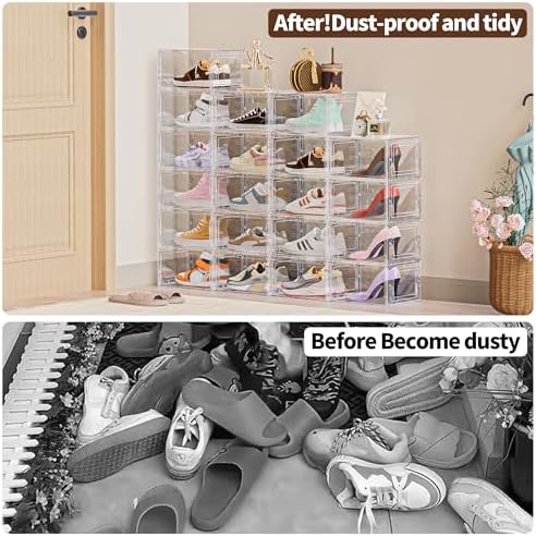 6 Pack Hard Plastic Clear Shoe Storage Organizer Boxes, White