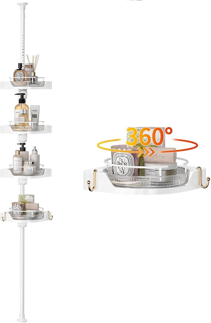 Shower Caddy Tension Pole with 4 L-Lazy Susan Organizer 360 Rotating 35-128 Inch