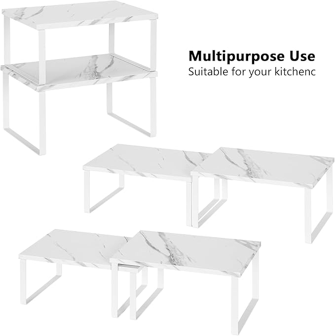 NEX Kitchen Counter Shelf, Stackable Cabinet Shelf Organizers Expandable Countertop Shelf for Pantry, Set of 4, White