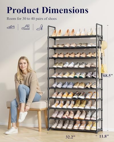 10 Tier Shoe Rack, Tall Shoe Organizer, 32.2" Wide, Black