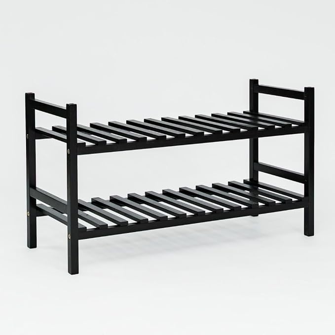 PJ Wood Stackable Wooden Shoe Rack Organizer for Closet Storage, Entryway Shelves, Tiered Cabinet for Shoes, 6 Pair Capacity, Black
