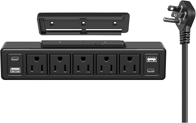 40W Under Desk Power Strip Mountable, 10FT Extension Cord Black