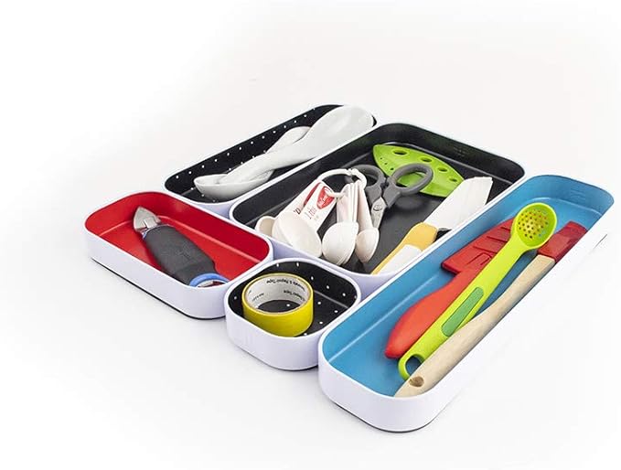 Three by Three Seattle 5 Piece Metal Organizer Tray Set for Storing Makeup, Stationery, Utensils, and More in Office Desk, Kitchen and Bathroom Drawers (1 Inch, Blue Black Red and Dots)