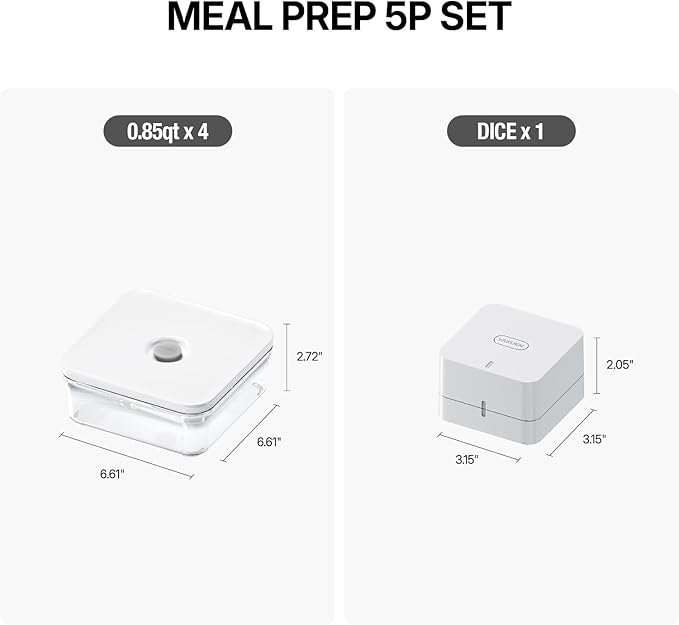 VAKUEN Premium Airtight Food Storage Container. Meal Prep 0.85qt 5pc/Set. 4pcs Container and Vacuum Sealer. Patented Double Silicone Lining, 100% Leak Proof, BPA-FREE