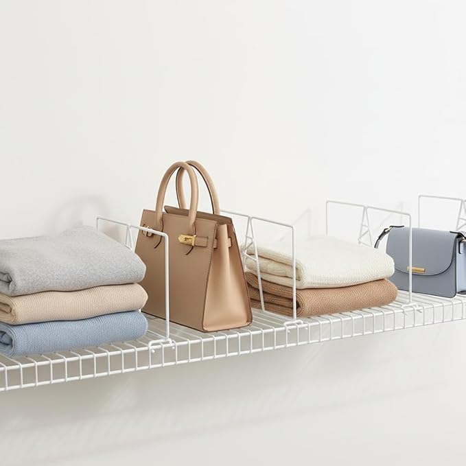 Wire Shelf Dividers - White Closet Organization & Storage Organizer - No Tool Shelf Divider for Wire Shelves - Metal Shelf Accessories – for 12“ Deep Wire Shelves – Tall 7” Height – 8 Pack
