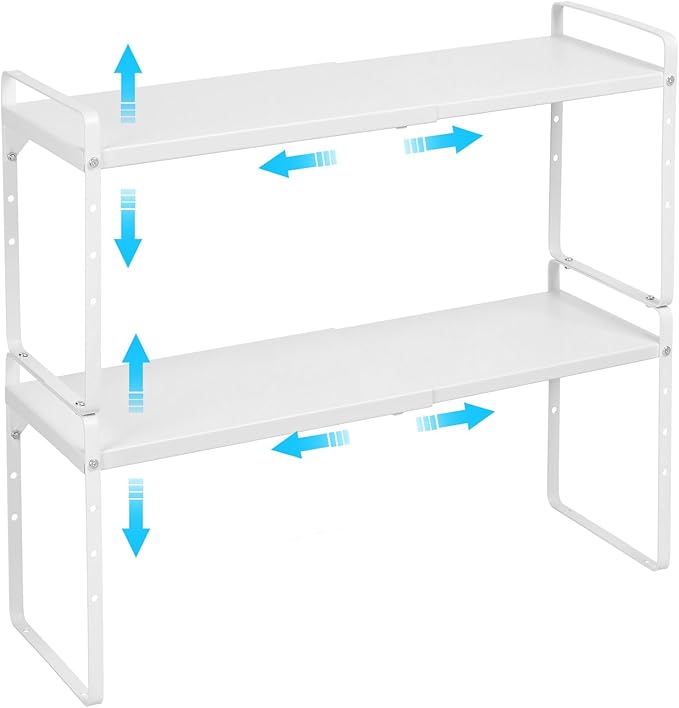 Set of 2 Expandable Cabinet Shelf Organizer, Stackable Kitchen Countertop Shelves Spice Racks, Small Storage Shelf For Cupboard Counter Tabletop, 30 LBS Heavy Duty, Adjustable, 13.8" to 21.6" Long