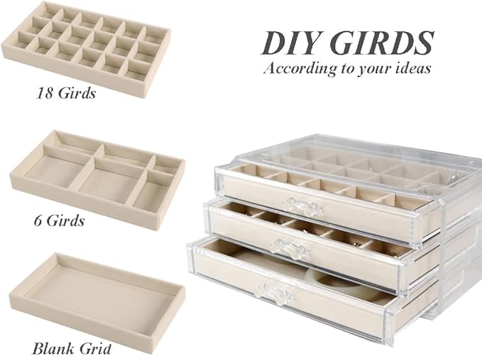 YUFONG Earring Organizer Box Acrylic Jewelry Organizer with 3 Drawers 54 Adjustable Grids Clear Stackable Earring Holder Velvet Trays Ring Display Case for Women Girls (Beige)