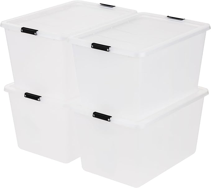 USA 4-Pack High-Capacity Clip Box with Latching Lids, 55 Quart Storage Bins