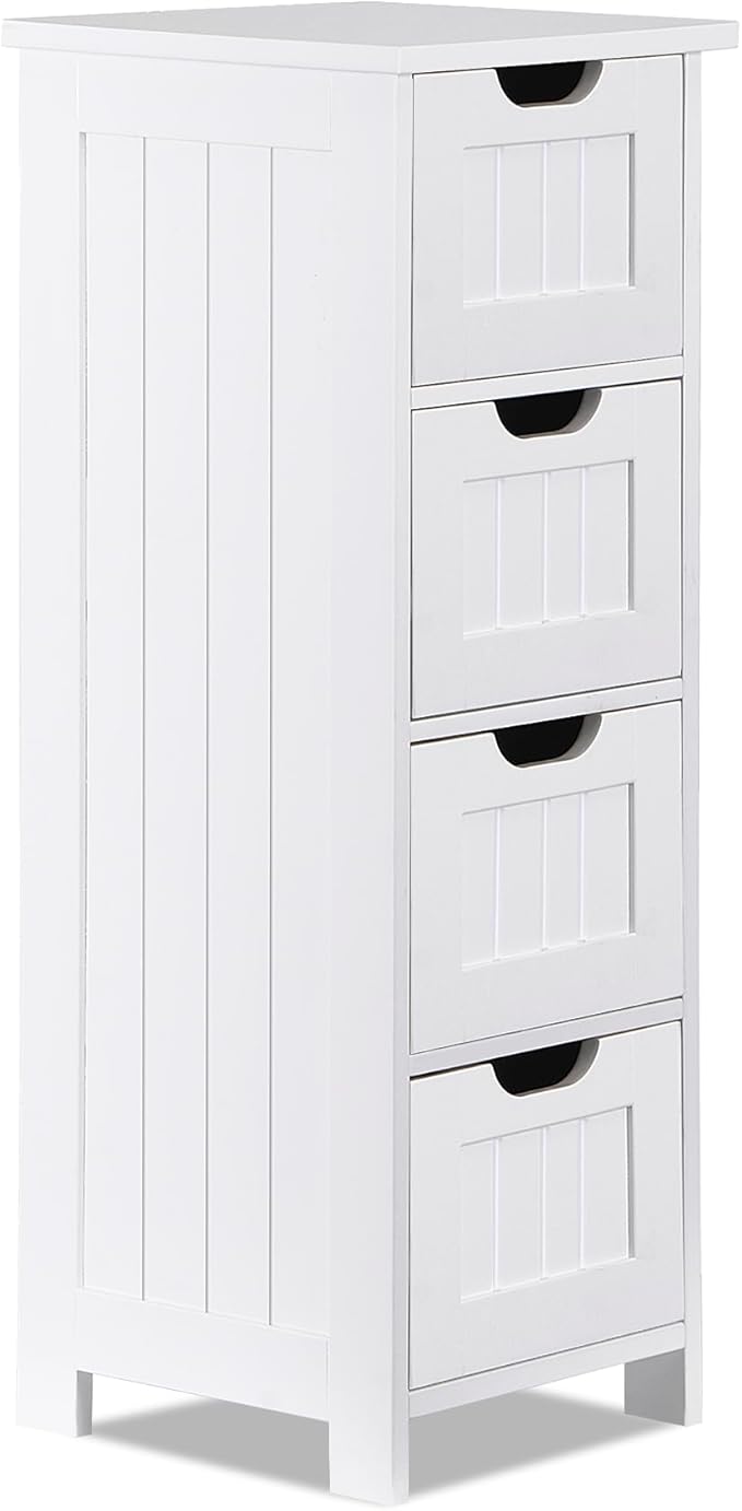 Bathroom Floor Storage Cabinet, Freestanding Wooden Side Organizer w/4 Drawers & Anti-Tip Kit for Bathroom Living Room Hallway Office Study, White | Freestanding