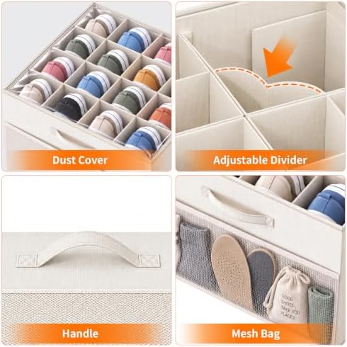Shoe Organizer for Closet, Foldable Shoe Storage with Adjustable Dividers