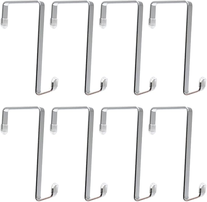 Heavy-duty Single Over Door Hooks, Stainless Steel Hanger Organizer for Hanging Bag, Towel, Bath Robe, Shoe Rack, Fit 1-1/2" to 1-3/4", Rubber Protective Head, Great Replacement (Silver, 8 Pack)