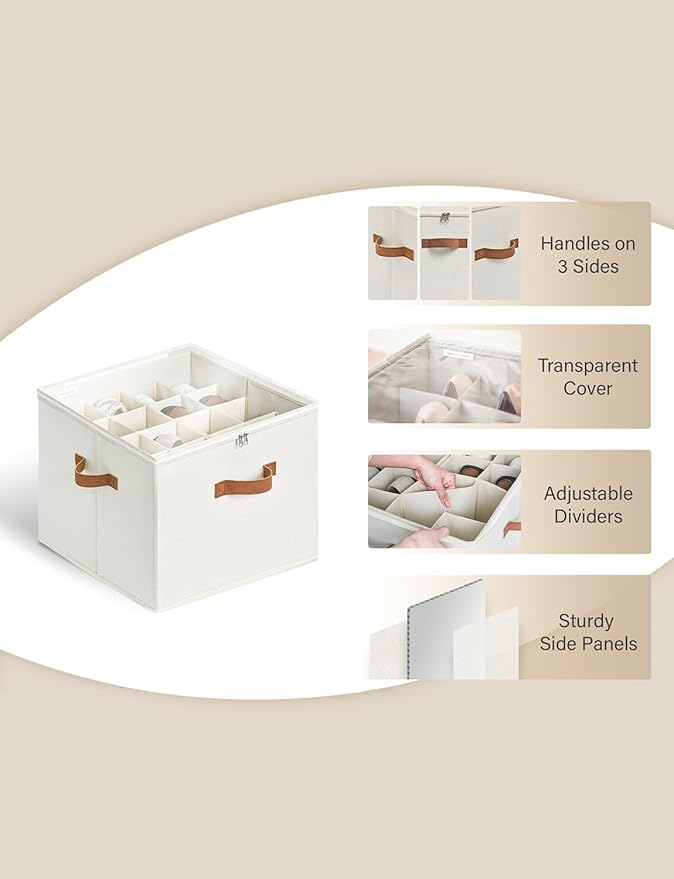StorageWorks Shoe Organizer for Closet, Shoe Storage Cubby Containers with Adjustable Dividers and Clear Cover, Fits up to 16 Pairs, Foldable Shoe Storage Box for Closet, Entryway, Beige