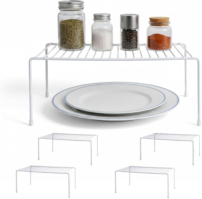 4-Pack Medium (13x8.5inch) Kitchen Organizer Rack, Kitchen Shelves for Spice Organization for Cabinet, Pantry Organizers and Storage, Spice Rack, Desk Organizer, White