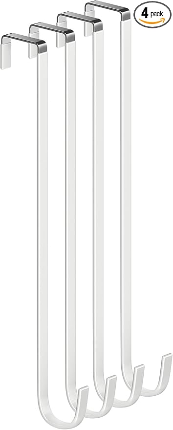 Mars-Rock Over the Door Metal Hooks with Plastic Coating 14.2" Fit 0.5" to 1 3/8" Door 4 Pcs Heavy Duty Single Towel Robe Rack Wreath Bathroom Shower Hanger Shoe Organizer Ironing Board Long White