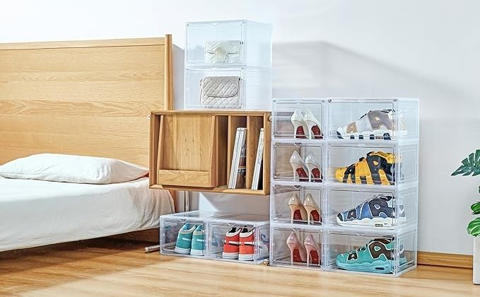ZLLZUU Shoe Organizer Shoe Storage Boxes, 6 Pack Large Drop Front Shoe Boxes with Magnetic Door, Clear Plastic Stackable Shoe Containers (Clear White)
