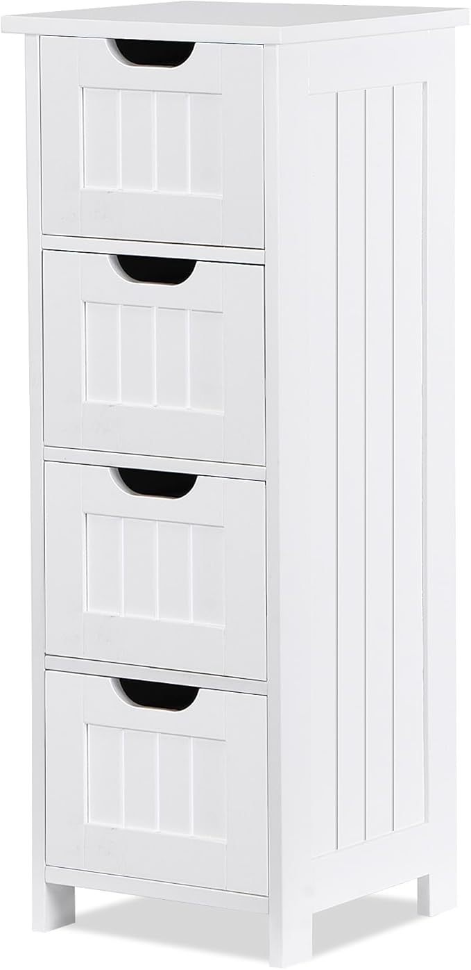 Bathroom Floor Storage Cabinet, Freestanding Wooden Side Organizer w/4 Drawers & Anti-Tip Kit for Bathroom Living Room Hallway Office Study, White | Freestanding