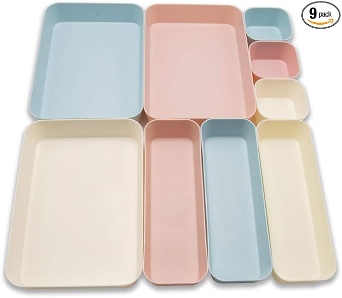 (9 Piece Set) Large Size Plastic Desk Drawer Organizers For Makeup Bathroom Office Kitchen Three Colors