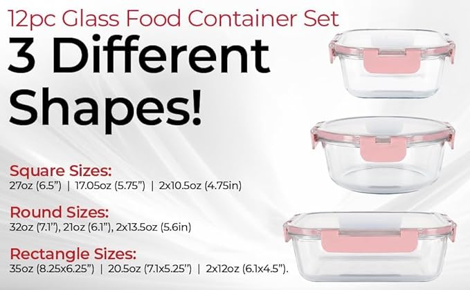 Magic Mill Premium Borosilicate Glass Food Storage Containers with lids Set | 24pc Sets with 12 Bowls & 12 Airtight Locking Lids for Lunch & Meal Prep, Safe for Oven, Freezer, Dishwasher, BPA-Free