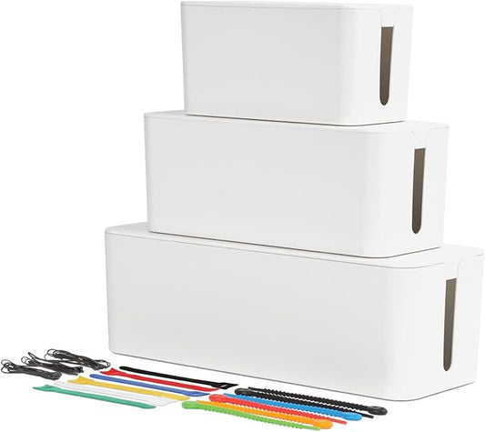 Cable Management Boxes, 3 Pack, Small, Medium, Large, 15 Cable Ties (Hook & Loop