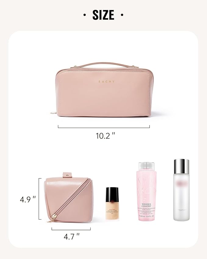 EACHY Travel Makeup Bag, Large Capacity Cosmetic Bag for Women, Waterproof PU Leather, Flat Open Portable Toiletry Bag for Skincare