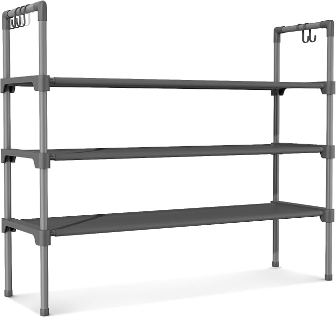 3 Tier Shoe Rack for Closet, Shoe Organizer with 5 Hooks, Grey