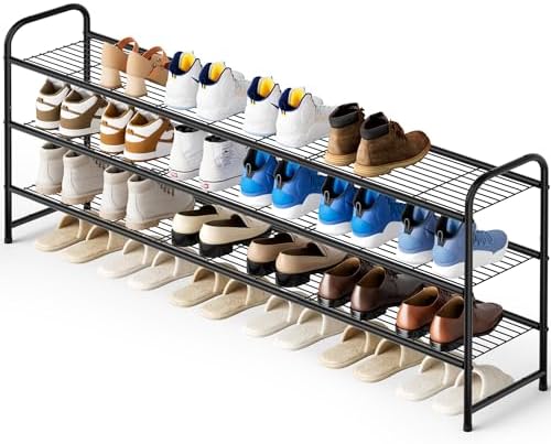3-Tier Long Shoe Rack for Closet Metal Shoe Organizer for Entryway, Wide Stackable Shoe Storage Shelf with Sturdy Wire Grid for Closet Floor, Bedroom, Black