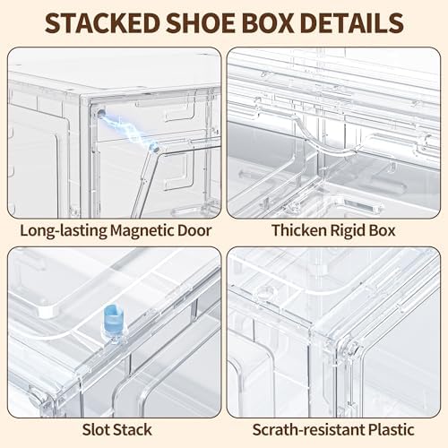 6 Pack Hard Plastic Clear Shoe Storage Organizer Boxes, White
