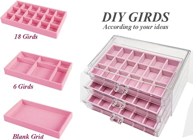 YUFONG Earring Organizer Box Acrylic Jewelry Organizer with 3 Drawers 54 Adjustable Grids Clear Stackable Earring Holder Velvet Trays Ring Display Case for Women Girls (Pink)