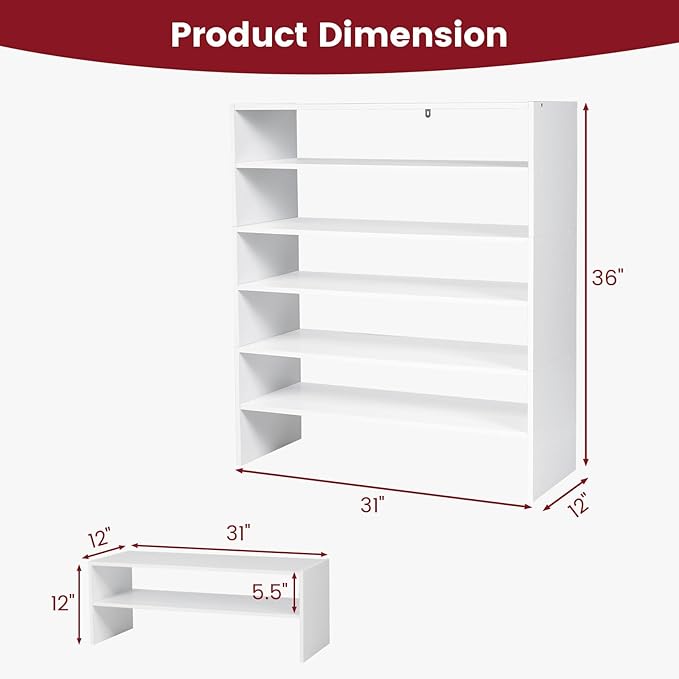 Tangkula Stackble Vertical Shoe Rack, Space Saving 6-Tier Corner Shoe Storage Shelf for 18 Pairs, 3-in-1 Adjustable White Shoe Organizer for Front Door Entryway