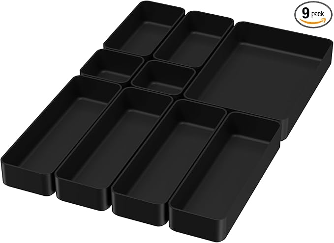 9 Pcs Stackable Drawer Organizer Trays Set, Black
