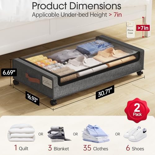 Under Bed Storage with Wheels, 2Pack Under Bed Storage Containers, Underbed Shoe Storage Organizer, Rolling Under Bed Metal Drawers for Clothes, Blankets(30.71 x 16.93 x 6.69 in)