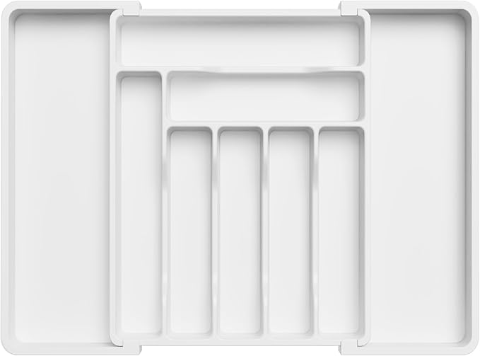 Utensil Organizer for Kitchen Drawer, Expandable Cooking Silverware Tray, White