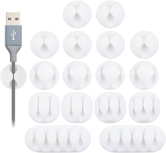 OHill Desk Cable Management Cord Organizer, 16 Pack White Self Adhesive Cord Holder Cable Clips, Ideal Cable Organizer Wire Keeper for Desk, Nightstand, Phone Charger, Computer, Home, Office, Car