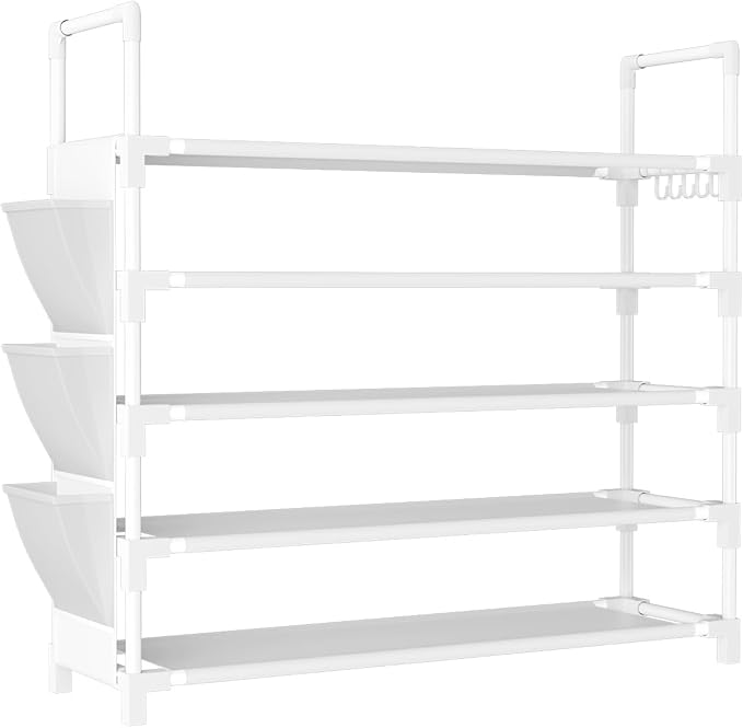 5 Tier Shoe Rack, Shoe Organizer Storage for 20-25 Pair Boot and Sneaker, Stackable Free Standing Shoe Shelf with Hooks and Side Pocket, Space Saving Shoes Rack for Closet, Entryway, White