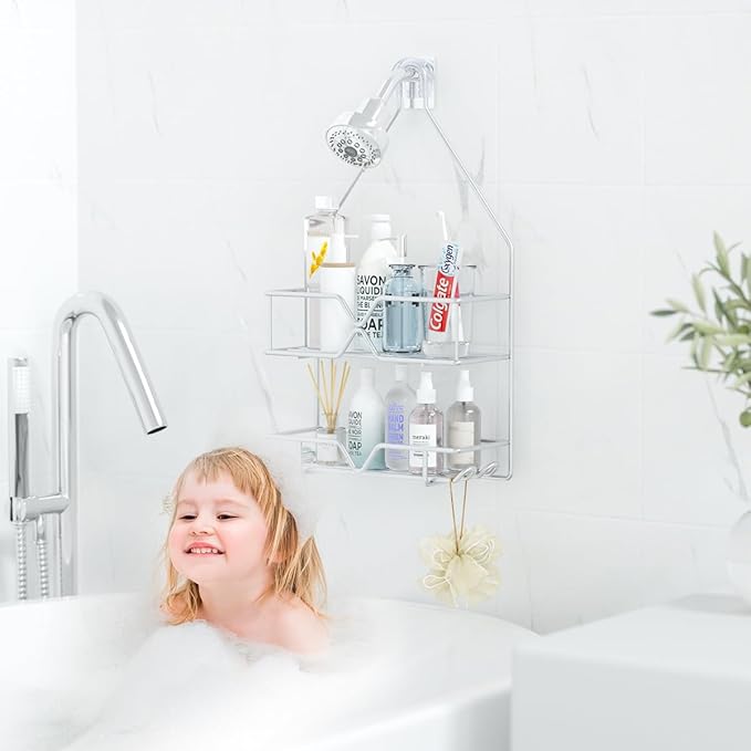 Rustproof Shower Caddy, Hanging, Stainless Steel, 4 Hooks, 2 Shelves, Non-Slip