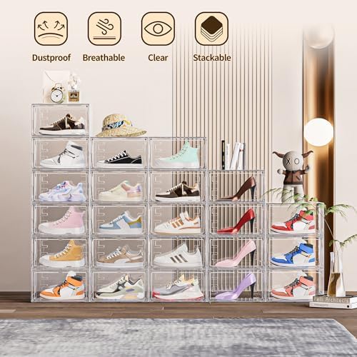 6 Pack Hard Plastic Clear Shoe Storage Organizer Boxes, White
