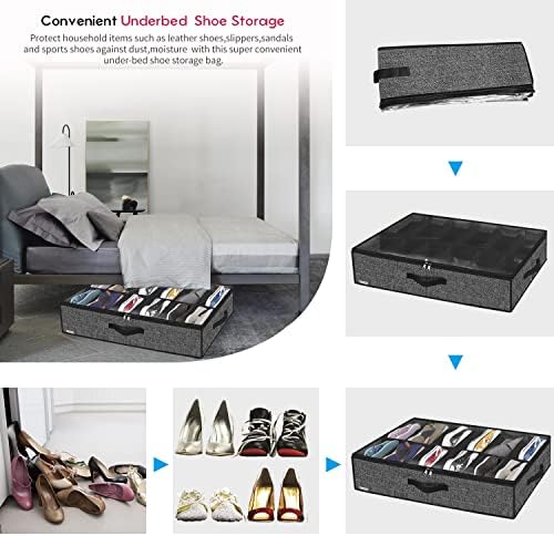 Sturdy Under Bed Shoe Storage Organizer, Set of 2, Fit 12 to 24 Pairs, Underbed Shoes Closet Storage Solution with Clear Window, Breathable, L29.3 x W23.6 x H5.9, Linen-like Black, MXAUBSB2P