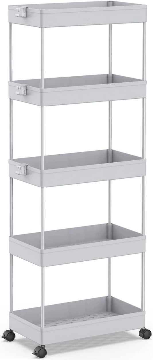 SPACEKEEPER 5-Tier Rolling Cart, Bathroom Storage Organizer Utility Cart, Mobile Shelving Unit Slide Out Shelves for Kitchen Living Room Laundry Room & Dressers,Gray