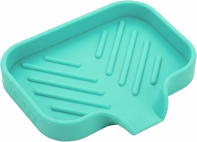 MicoYang Silicone Soap Dish with Drain Spout — Self-Draining Sink Organizer Tray for Bathroom & Kitchen, Holds Bar Soap, Sponges & Dispensers, Non-Slip & Dishwasher Safe, Mint (Small, 4.9"×3.2")